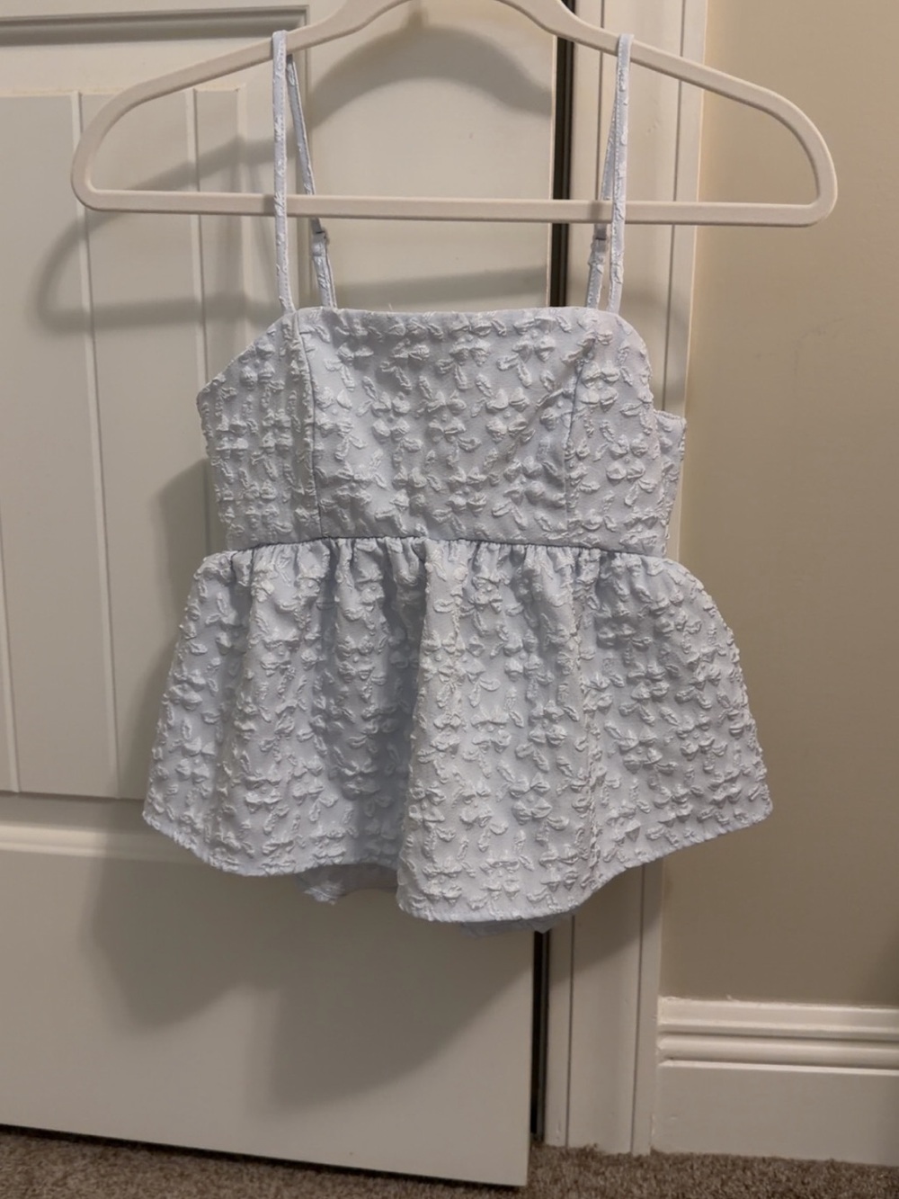 Light Blue Textured Smocked Peplum Cami with Adjustable Straps